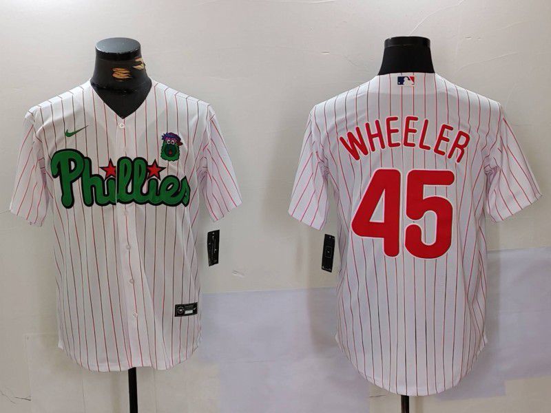 Men Philadelphia Phillies #45 Wheeler White stripe Second generation Joint Name 2024 Nike MLB Jersey style 1